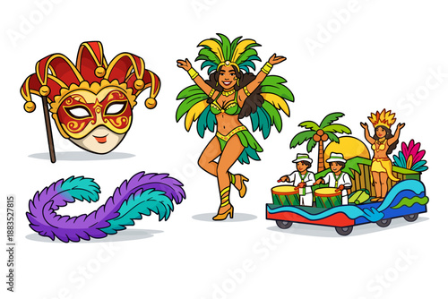 Vibrant carnival celebration with dancing, costumes, and festive parade elements