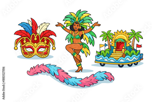 Vibrant carnival celebration with dancer, mask, and parade float