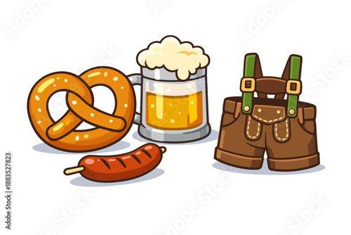 Bavarian october fest icons featuring beer pretzel wurst and lederhosen in cartoon style