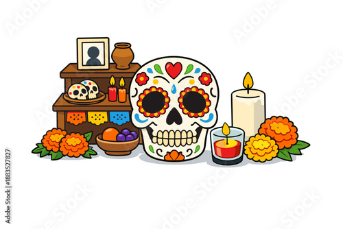 Festive day of the dead altar with colorful sugar skull and marigolds