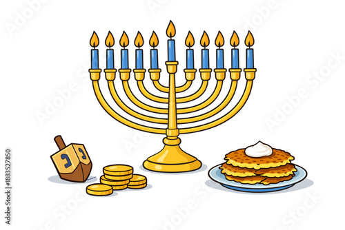 Festive hanukkah symbols: menorah, dreidel, latkes, and gelt