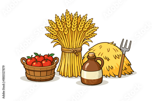 Harvest season essentials: basket of apples, wheat sheaf, straw bale, and farm tools