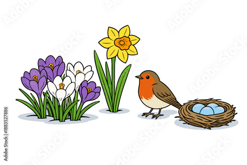 Spring scene with crocuses, daffodil, robin, and nest with eggs