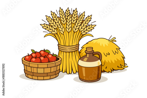 Autumn harvest: basket of apples and wheat with hay