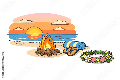 Tropical beach sunset with cozy campfire and summer accessories