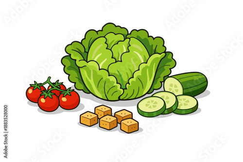 Fresh salad ingredients with lettuce, tomato, cucumber, and tofu cubes