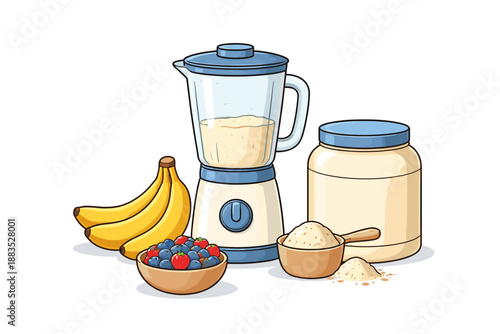 Smoothie prep with blender, protein powder, berry bowl, and bananas in flat style