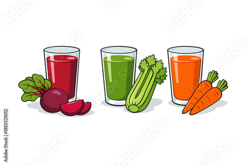 Healthy juice collection with fresh vegetables in glasses