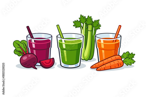 Colorful fresh juices with vegetables in glasses on white background
