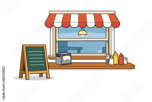 Charming street food kiosk with menu board and condiment display in flat design