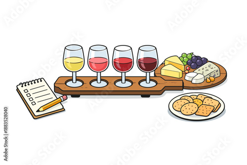 Wine tasting with cheese and crackers in a playful cartoon style