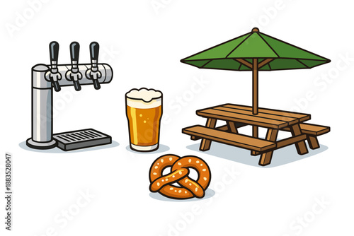 Outdoor beer garden scene with picnic table, beer tap, and pretzel