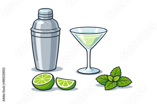 Elegant cocktail shaker with martini glass, fresh lime, and mint leaves for beverage design