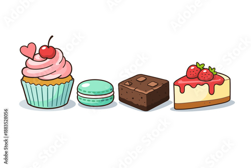 Assorted sweet desserts: cupcake, macaron, brownie, and cheesecake with berries