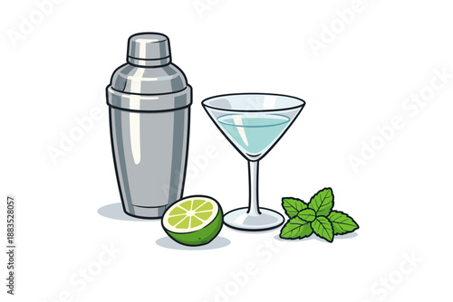 Cocktail mixer with drink and mint in a modern cartoon style