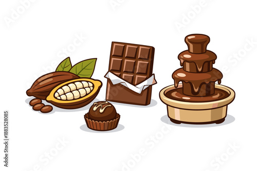 Sweet chocolate collection: cacao, bar, truffle, and fountain delight