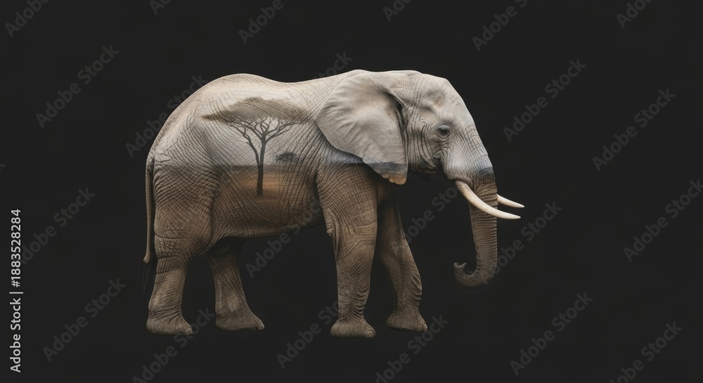 Fototapeta premium double exposure of a elephant with elephant habitat nature background, animal silhouette, animal photography, wilderness and conservation