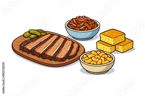 Delicious barbecue spread with brisket cornbread mac and cheese