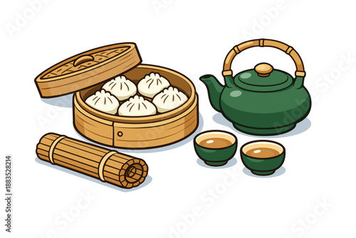 Traditional asian cuisine: dim sum with green teapot and cups in cartoon style