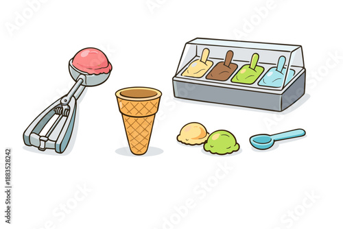 Ice cream parlor essentials with scoop, cone, and flavor display