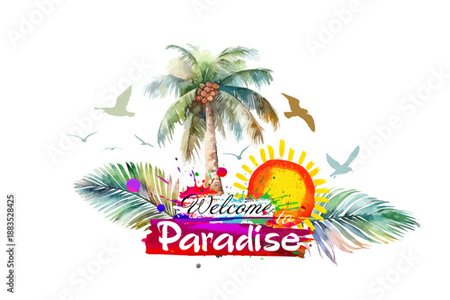 Welcome to paradise Abstraction of palm trees, sea and sun. Hand drawn. Not AI, vector illustration