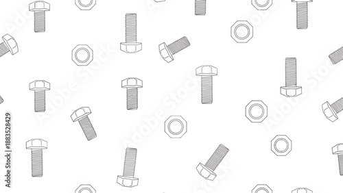 Technical line drawing pattern of bolts and hex nuts, mechanical fasteners vector illustration for engineering design