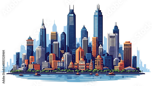 Vector illustration of Mumbai cityscape showing a dense coastal Indian metropolis with generic skyscrapers, waterfront skyline, and busy urban streets in flat solid colors for travel and business 