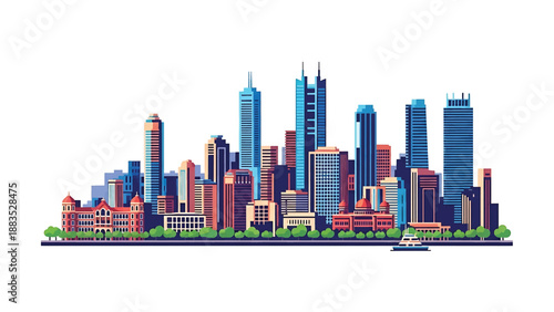 Vector illustration of Mumbai cityscape showing a dense coastal Indian metropolis with generic skyscrapers, waterfront skyline, and busy urban streets in flat solid colors for travel and business 