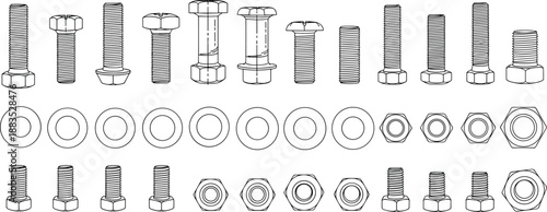 Grid illustration of bolts, nuts, and washers, mechanical fasteners vector artwork for engineering and construction design