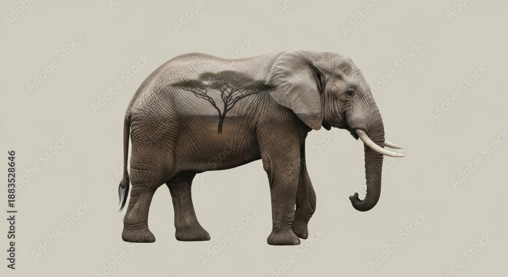 Fototapeta premium Double Exposure of an elephant with Its Natural Habitat, Wildlife Conservation Concept