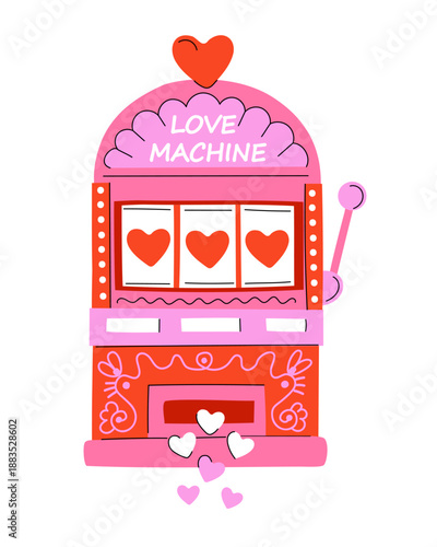 Cute and playful illustration of a love slot machine with heart symbols and the phrase “Love Machine” in pink and red colors. Perfect for Valentine’s Day, romance, love themes, and modern designs