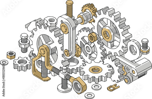 Stylized illustration of gears, bolts, nuts, washers, brackets, mechanical assembly vector artwork for engineering design