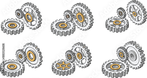 Isometric 3D illustration of interlocking gears in triangular formations, mechanical system vector artwork