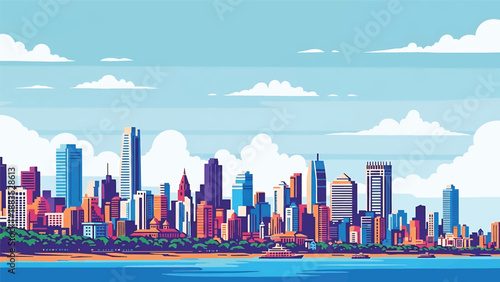 Vector illustration of Mumbai cityscape showing a dense coastal Indian metropolis with generic skyscrapers, waterfront skyline, and busy urban streets in flat solid colors for travel and business 