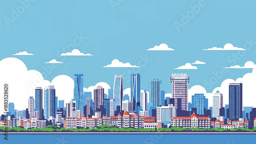 Vector illustration of Mumbai cityscape showing a dense coastal Indian metropolis with generic skyscrapers, waterfront skyline, and busy urban streets in flat solid colors for travel and business 