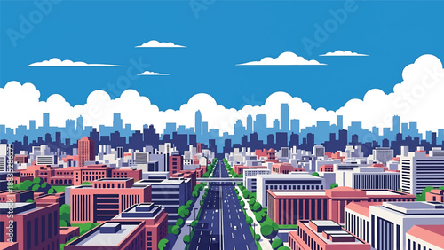 Vector illustration of Mumbai cityscape showing a dense coastal Indian metropolis with generic skyscrapers, waterfront skyline, and busy urban streets in flat solid colors for travel and business 