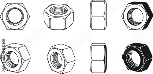 Black and white illustrations of hex nuts, mechanical fasteners vector artwork for engineering and construction design
