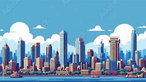Vector illustration of Delhi cityscape featuring a large Indian metropolitan skyline with generic government and residential buildings, wide roads, and modern urban atmosphere in flat vector style