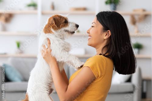 Billede på lærred Emotional young asian woman petting her cute dog at home, loving korean lady playing with fluffy jack russel terrier in living room, closeup portrait