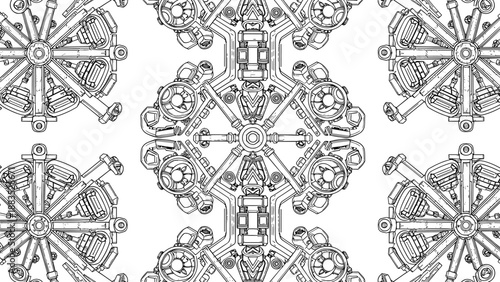 Symmetrical kaleidoscopic mechanical design with gears, pistons, rods, radial engine pattern vector illustration