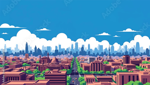 Vector illustration of Delhi cityscape featuring a large Indian metropolitan skyline with generic government and residential buildings, wide roads, and modern urban atmosphere in flat vector style
