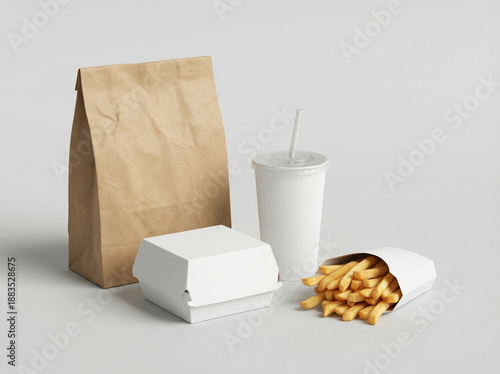 Professional Blank Fast Food Packaging Mockup Set with Brown Paper Bag, Burger Box, Soda Cup, and French Fries