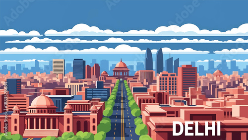 Vector illustration of Delhi cityscape featuring a large Indian metropolitan skyline with generic government and residential buildings, wide roads, and modern urban atmosphere in flat vector style