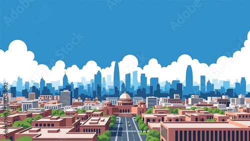 Vector illustration of Delhi cityscape featuring a large Indian metropolitan skyline with generic government and residential buildings, wide roads, and modern urban atmosphere in flat vector style