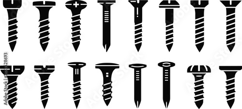 Black silhouette illustration of screw head types and thread designs, mechanical fasteners vector artwork for construction