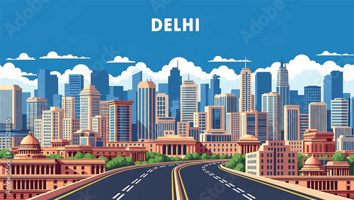 Vector illustration of Delhi cityscape featuring a large Indian metropolitan skyline with generic government and residential buildings, wide roads, and modern urban atmosphere in flat vector style
