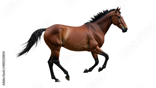A brown horse running on a clean white background