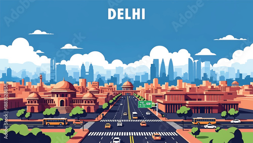 Vector illustration of Delhi cityscape featuring a large Indian metropolitan skyline with generic government and residential buildings, wide roads, and modern urban atmosphere in flat vector style