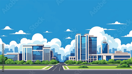 Vector illustration of Bengaluru cityscape showing a modern technology city with generic office buildings, greenery, and contemporary urban lifestyle in flat solid colors for business and travel
