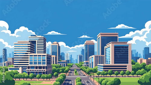 Vector illustration of Bengaluru cityscape showing a modern technology city with generic office buildings, greenery, and contemporary urban lifestyle in flat solid colors for business and travel